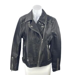NEW Topshop Rosa Black Faux Vegan Leather Buckle Zip Up Moto Biker Coat Jacket 8